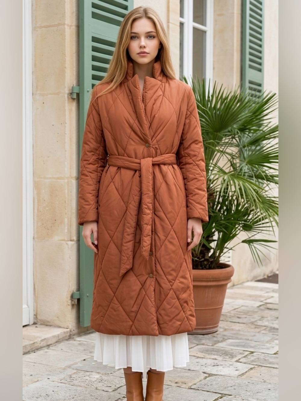 Quilted Belted Long Coat in Rust